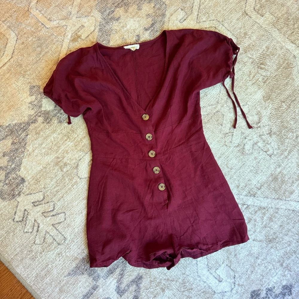 LA Hearts linen like romper in burgundy